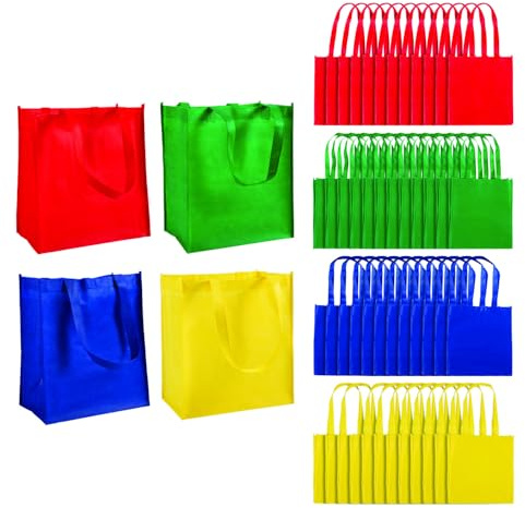 Fun Express Reusable Grocery Bags Bulk 50 Pack - Large Shopping Bags with Handles for Groceries | Foldable Tote Bags in Multiple Colors | Heavy-Duty Plastic Material for Farmers Market & Daily Use