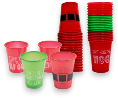 4E's Novelty 16oz Christmas Cups for Party - 50 Pack Christmas Party Cups, Disposable Plastic Cups with Santa & Humorous Quotes Bulk - Funny Holiday Cups for Drinks & Party Favors for Kids & Adults