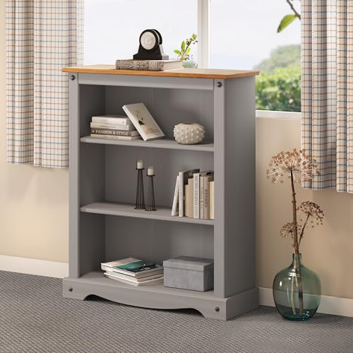 Corona Grey Wax Small Bookcase Solid Wood Mexican Pine Wooden Low Narrow Shelving Display Shelves Painted Shabby Chic 100cm High 82cm Wide 29cm Deep