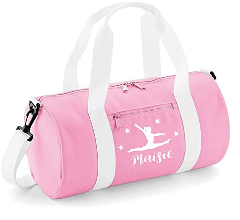 Daytripper Personalised Gymnastics Bag for Girls Gym Kit Barrel Bags Dance Shoes Holdall Kids Back to School Accessories Custom Name Gift for Her (POWDERPINK-White)