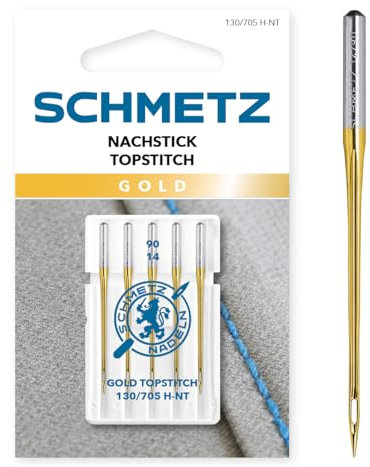 SCHMETZ | 5 Nähmaschinennadeln | Gold Nachstick (Topstitch) | 130/705 H-NT | Nadeldicke 90/14 | auf jeder gängigen Haushaltsnähmaschine und Haushaltsstickmaschinen einsetzbar