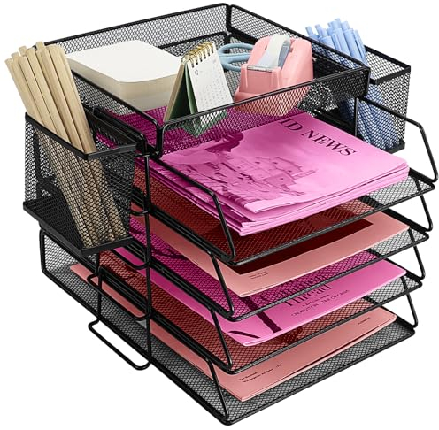 ideallife Stapelbare Briefablage aus Metall, Schwarz Schreibtisch Organizer mit 4 Dokumentenablage und 2 Stiftehalter, Mesh Schreibtischablage für A4 Dokument, Büroablage, Postkörbe