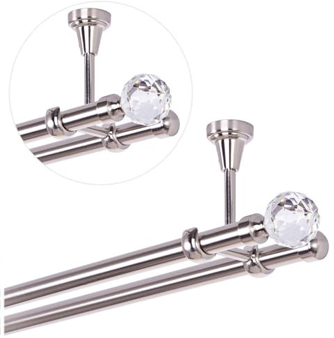 Gardinenstange 320 cm für Deckenmontage, Vorhangstange 19 mm 2-läufig Edelstahloptik, Gardinenstangenset mit Kugel Kristall