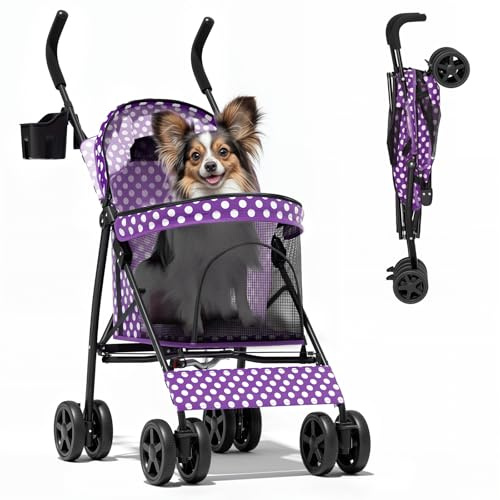 Magshion Passeggino pieghevole per cani e gatti di taglia piccola/media, leggero, a 4 ruote, compatto, con vano posteriore, carico fino a 10 kg, a pois viola