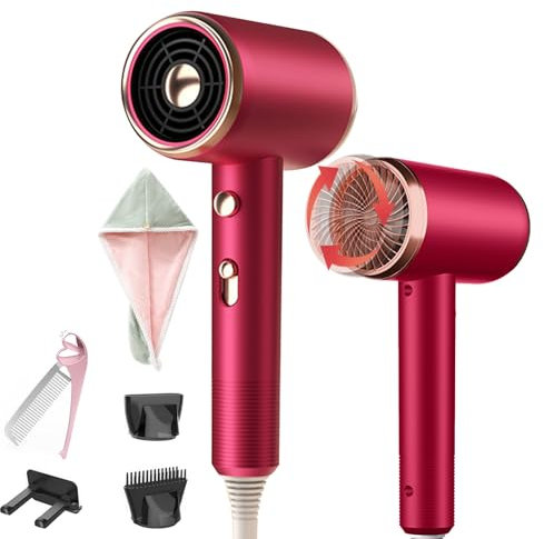 Haartrocknungskappe, Klappbar Taschenkamm, Föhn Haartrockner, Schnelltrocknen Hair Dryer, Salon Haarfön mit Heiß-/Kalttaste, Ionischer Haartrockner, Ionen mit Stylingdüse (Rot)