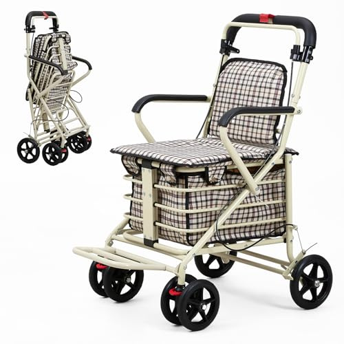 The Fellie Walk and Rest Shopping Trolley with Seat for Elderly, 27L Sit & Go Shopping Trolley on Wheels Foldable with Backrest, Breakes & Removable Bag, White