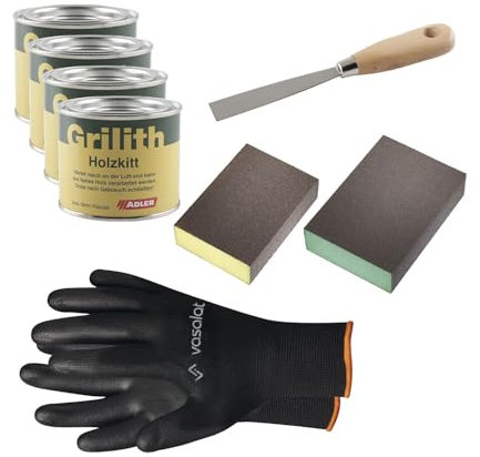Grilith Holzkitt - Spachtelmasse für Holz, ideal zur Holzreparatur - Holzspachtelmasse mit Schleifblöcke K200 & K180 und Spachtel, Eiche/Buche/Ahorn/Esche 4x200ml