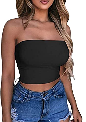 Generisch 2025 - Femmes Sexy Couleur Unie Ventre Nu Top Sans Bretelles Bandeau Tubulaire Haut Sans Manches Dos Nu Débardeur Robe Sexy Femme, Noir , M