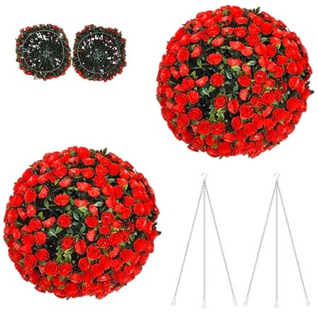 Parkland® Pack of 2 Topiary Balls 28cm - Artificial Plant Boxwood Sphere, UV Protected, No Maintenance Fake Leaf, Easy to Assemble Hanging Balls for Patio, Garden, Indoor & Outdoor - Rose Red
