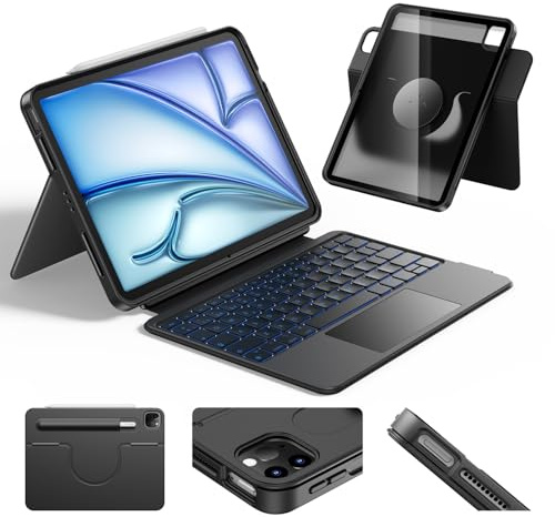 HOU Teclado Giratorio para iPad Air 13 (M3/M2) 2025, Funda Magnética Desmontable con Teclado para 2025 iPad Pro 13(M5/M4) e Pro 12.9 (6ª/5ª/4ª/3ª),con Panel Táctil, Retroiluminación,Español Ñ- Negro