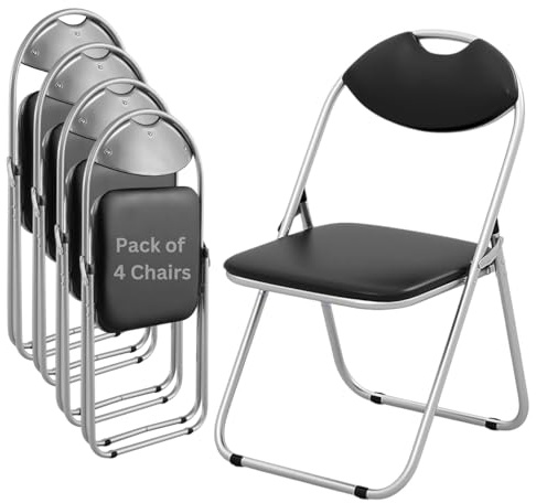 Premium Folding Chairs – Black Silver Fold up Chair with 115 Kg Weight Capacity Sturdy Frame, Faux Leather Soft Padding, Easy Clean - Foldable Chair for Home, Dining, Office, Desk & Events (Pack of 4)
