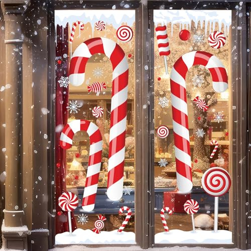Solsew 3 Sheets Extra Large Christmas Candy Cane Window Clings with Snowflake and Ice Stereo Candy Snowflakes Christmas Window Stickers for Xmas Home Office Decor Winter Glass Decoration