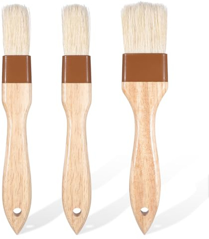 Larrel 3 Stück Backpinsel Set, Naturborsten Backpinsel mit Holzgriff Hitzebeständig Grillpinsel Backen Basting Ölpinsel Wiederverwendbare Küchenpinsel für Öl, Butter, Saucen, Marinaden Rühren Kochen