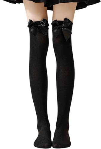 AIWXEEU 1 Pair Black Thigh High Bow Socks, Thigh High Socks, Over Knee Bow Stockings, Long Black Sock for Women Ladies