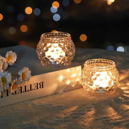 Vohocandle Portavelas de cristal transparente con 6, pequeños vasos para velas de té, para decoración de salón, diseño de puntos de calabaza, vasos de vela de té como regalo para novia, decoración de