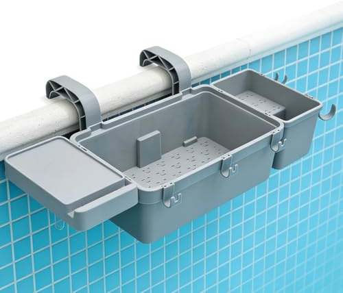 Juego de cesta de almacenamiento para piscina, incluye soporte para bebidas y ganchos, accesorios de piscina multifuncionales y gadgets para divertirse, ajuste universal para piscina sobre el suelo