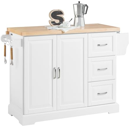 SoBuy Extendable Kitchen Island on Wheels Rolling Storage Trolley with Rubber Wood Worktop Storage Cabinet Sideboard Perfect for Kitchen Organisation W130 x D46/71 x H91cm White FKW41-WN