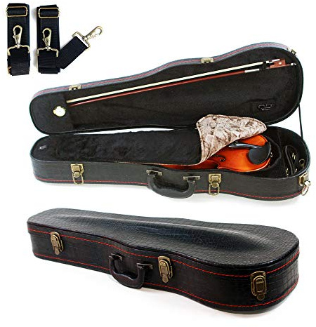 4/4 Full Size Violin Case, Plush Interior Wooden Hard Case With Hygrometer, Crocodile Pattern Leather Bulge Surface Case (Black)