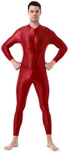 Alvivi Herren Body Overall Glossy Langarm Bodysuit Einteiler Jumpsuit Ganzkörperanzug Männerbody Sport Training Ganzanzug B Rot Einheitsgröße