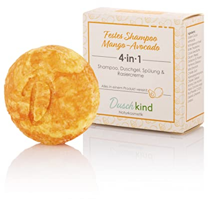 Duschkind Shampoo solido Mango & Avocado 4 in 1 – Shampoo | Gel doccia | Balsamo | Crema da barba – Olio di avocado biologico per capelli normali e ricci – Vegano, senza plastica, fatto a mano in