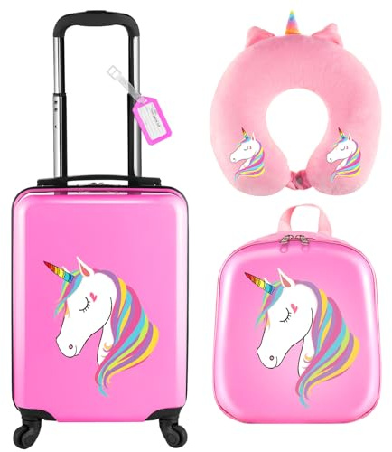 Sanwuta 4 Pcs Kids Luggage Set Rolling Suitcase Backpack U-shaped Pillow Kids Carry On Gift for Summer Travel Family Trip(17 Inch,Unicorn Style,Pink)
