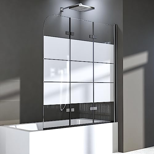Duschwand für Badewanne 130 x 140 cm,3-teilig Faltbar Duschtrennwand Duschabtrennung mit Eleganten weißen Streifen,Mit 6mm Nano Glas,Schwarzer Rahmen
