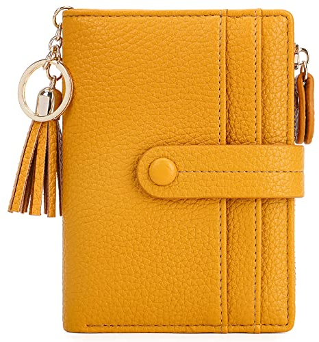 HKCLUF Geldbörse Damen Kleine, Geldbeutel Frauen Leder, RFID Portemonnaie Brieftasche Münzfach mit Quaste Damengeldbörsen Reißverschluss Viele Fächer(B02-Gelb)