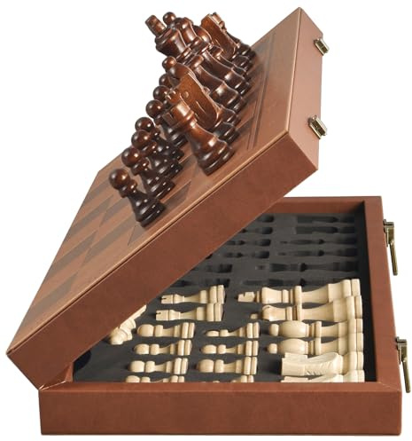 OUMODA Magnetic Chess Set for Adult Kid, 15.4 Leather Chess Board with Handmade Chess Piece Including 2 Extra Queens and Storage Slot, Folding Portable Travel Chess Game for Beginner and Professional