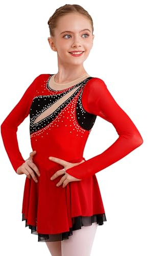 YiZYiF Enfant Fille Robe de Danse Classique Justaucorps Gymnastique Manches Longues Leotard de Danse Ballet Robe Patinage Artistique Strass Costume Compétition 5-16 Ans Rouge C 9-10 ans