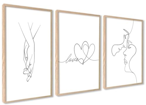 ag.art deco Tavlor för Vardagsrum | A4 21x30 cm Inramade Affischer | Posters med Träram | Väggdekoration för Hall och Trappa | Heminredning | Set om 3 Bilder (Love Line Set)