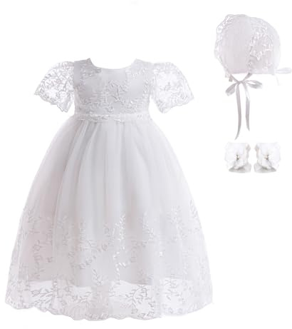 DPKM Baby Girls White Christening Dress Lace Toddler Baptism Gown Outfit for Formal Party Infant Wedding Dresses