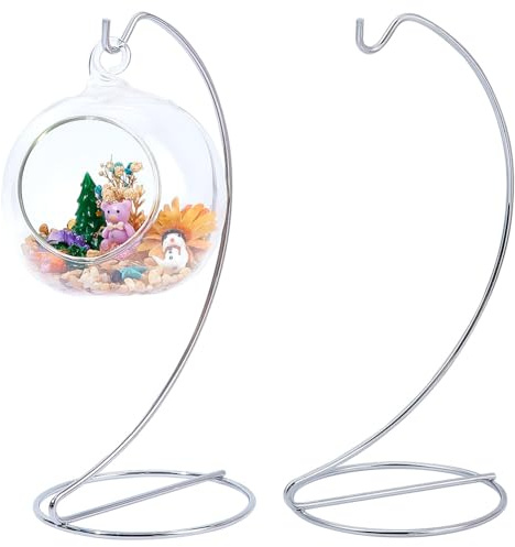 DELORIGIN 2pcs Ornament Display Stand Holder Glass Globe Silver Metal Iron Wire Stand Hanging Hook Holder Rack for Hanging Air Plant Terrarium Witch Ball Bauble Wedding Home Office Garden Decorations