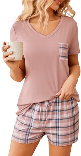 Ekouaer Womens Pajama Sets Short Sleeve Pajamas for Women Sets Soft Lounge Sets Casual V Neck Sleepwear PJS Pink Plaid