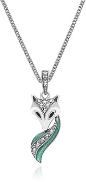 Collana in argento Sterling con ciondolo a forma di volpe smaltata verde e nera in stile Liberty