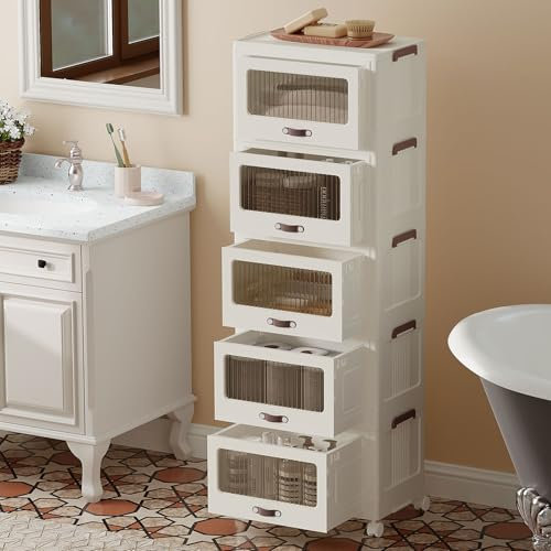 HOOBRO 5 Ebenen Stapelbare Aufbewahrungsboxen mit Schublade, 24,4 L Kunststoff-Aufbewahrungsbehälter mit Türen und Deckel, Faltbare Kisten Plastik-Ordnungsboxen mit Rädern, Weiß EWG540CW01