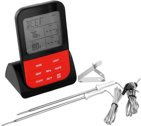 QWORK® termometro barbacoa, meat thermometer, termometro digital cocina, con 2 sensores de temperatura, temporizador y pantalla LCD, ideal para barbacoa, horno y camping, pilas no incluidas