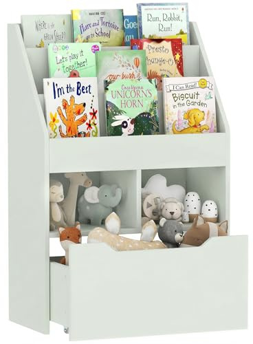 HOMCOM Estantería Infantil de Madera con 3 Compartimentos 2 Cubos y Cajón Móvil con 4 Ruedas Librería Infantil para Habitación de Niños Sala de Juegos 60x29,9x90 cm Verde