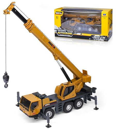 HUGMIE 1:50 Kran Spielzeug, Abschleppwagen Metall/Kunststoff, LKW Spielzeug Kran mit Ausfahrbarer Langer Ausleger Seilwinde und Gummirädern Geschenk für Jungen und Mädchen