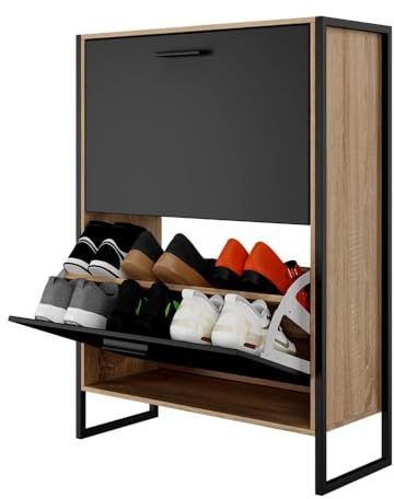 CASABEL, Mueble para Calzado Industrial (12 Pares), Armario para Zapatos, Almacenamiento de Entrada, Gran Capacidad, Ahorro de Espacio, Entrada Pasillo, Puertas Negras, Marco Madera Clara, Empresa