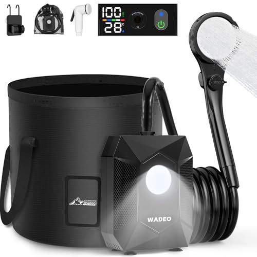 WADEO Ducha portátil para Acampada con batería, Bomba y Cubo de Agua, Bomba de Ducha con iluminación, Set de Bomba de Ducha para Exteriores con lámpara para Senderismo, Viajes y Mascotas (Negro)