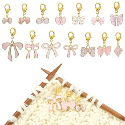 COGCHARGER 14Pcs Pink Bowknot Stitch Markers for Knitting Alloy Enamel Removable Crochet Knitting Markers with Lobster Clasp Charms for Sewing Weaving Accessories DIY Craft