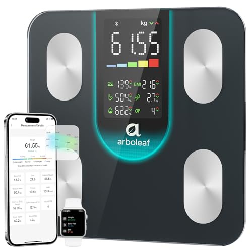 Arboleaf Bilancia Pesapersone Digitale, Bilancia Impedenziometrica con Bluetooth e App, Ampio Display per BMI, Grasso Corporeo, Massa Muscolare, 14 Parametri, Alta Precisione, Capacità 180 kg