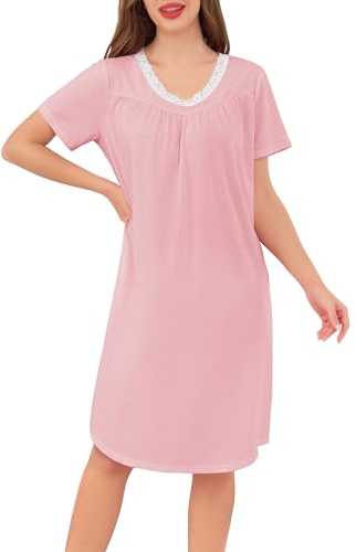 Sopesil Camicia da Notte Donna Cotone Maniche Corte Camicia da Notte Estiva in Pizzo con Scollo a V Vestaglia da Donna con Tasche Taglie S-XXL