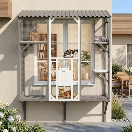 Merax Cat Window Catio for 1-3 Indoor Cats, 67 Large Window Cat Box with Metal Mesh, Outdoor Cats Enclosure with 4 Platforms & 2 Doors, Wall-Mounted Pet Catio for Sunbathing, Play & Climbing, Grey