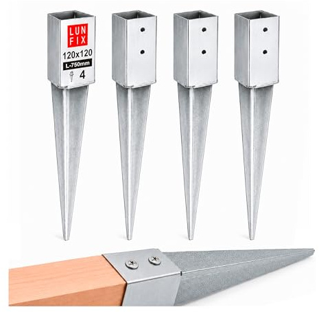 LUN FIX Manicotto da terra da 120 x 120 mm, set da 4 pezzi, per pali in legno, 4 angoli, zincato a caldo, spessore del materiale 1,8 mm, per recinzioni e progetti da giardino, lunghezza totale 750 mm