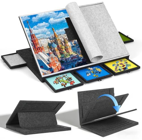 Plateau Puzzle 1000 pièces, Pliable, 5 tiroirs, 77x54 cm, Bords Hauts | Housse de protection en feutre, inclinaison réglable sur 3 positions, surface antidérapante en feutre, bords surélevés