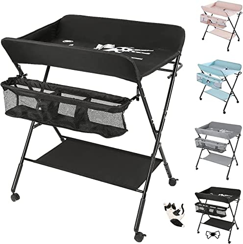 Wickeltisch Faltbar und Tragbar 3 in 1, max. Belastung 25 kg für neue, Wickeltisch mit Aufbewahrungskorb, Sicherheitsgurt und 4 Rollen mit Bremse, höhenverstellbar, 80 * 66 * 98cm schwarz