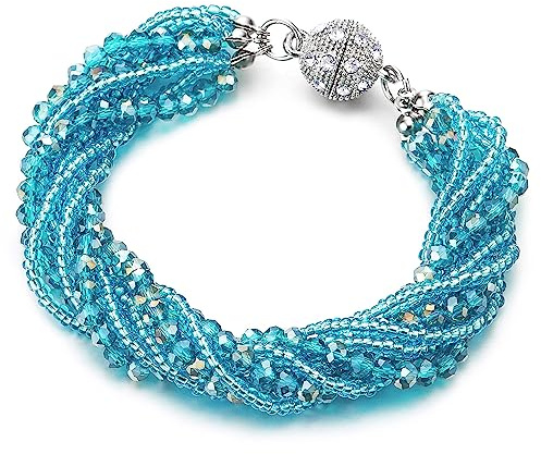 COOLSTEELANDBEYOND Blu Cristallo Perlina Multi-Fila Bracciale Braccialetto con Strass Palla Charms Chiusura Magnetica