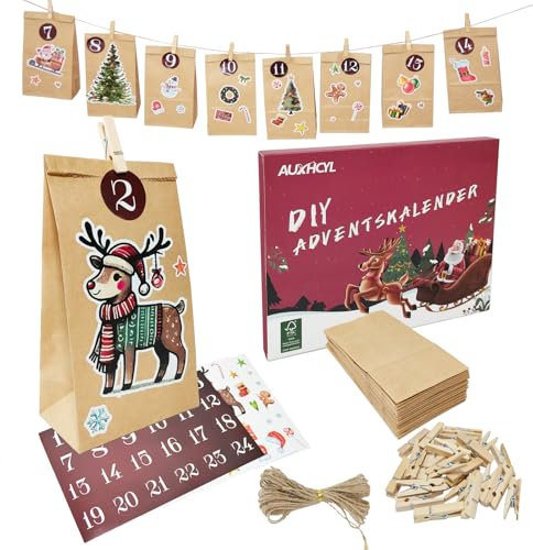 AUXHCYL Adventskalender zum Befüllen Tüten, 2025 Weihnachtskalender Selber Machen, 24 Pcs DIY Adventstüten zum Befüllen, Adventkalender Selber Basteln für Kinder & Erwachsene