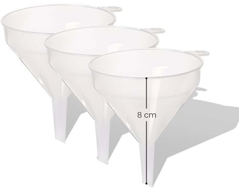 3Pcs Clear Plastic Funnel for Filling Bottles or Containers 8cm for Kitchen - Handle & Slimline Neck for Transfer powder Liquid and Oils ideal for Garage & Labs